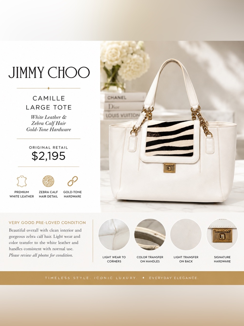 Jimmy Choo White Leather Tote with Zebra Calf-Hair Accent